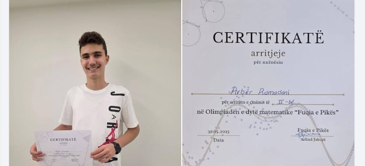 URIME: Nxënësi nga Kërçova Arbër Ramadani fiton çmimin e dytë në Olimpiadën