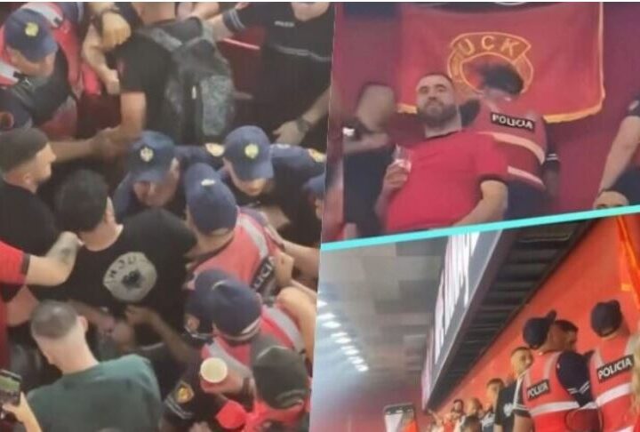 Flamuri i UÇK-së i ndaluar në Tiranë: Policia e shtetit me dhun largon flamurin nga stadiumi..!? (VIDEO)