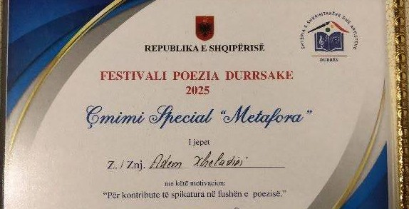 Kërçovari Adem Xheladini fiton Çmimin Special “Metaforra” në Poezia Durrësake 2025
