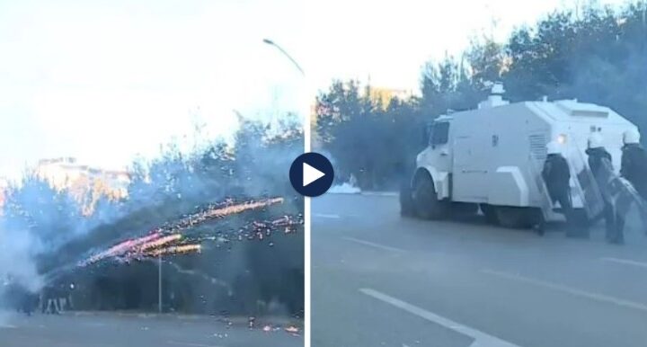 Protestuesit ‘breshëri’ fishekzjarrësh, policia avancon drejt tyre duke nxjerrë autobotin para (VIDEO)